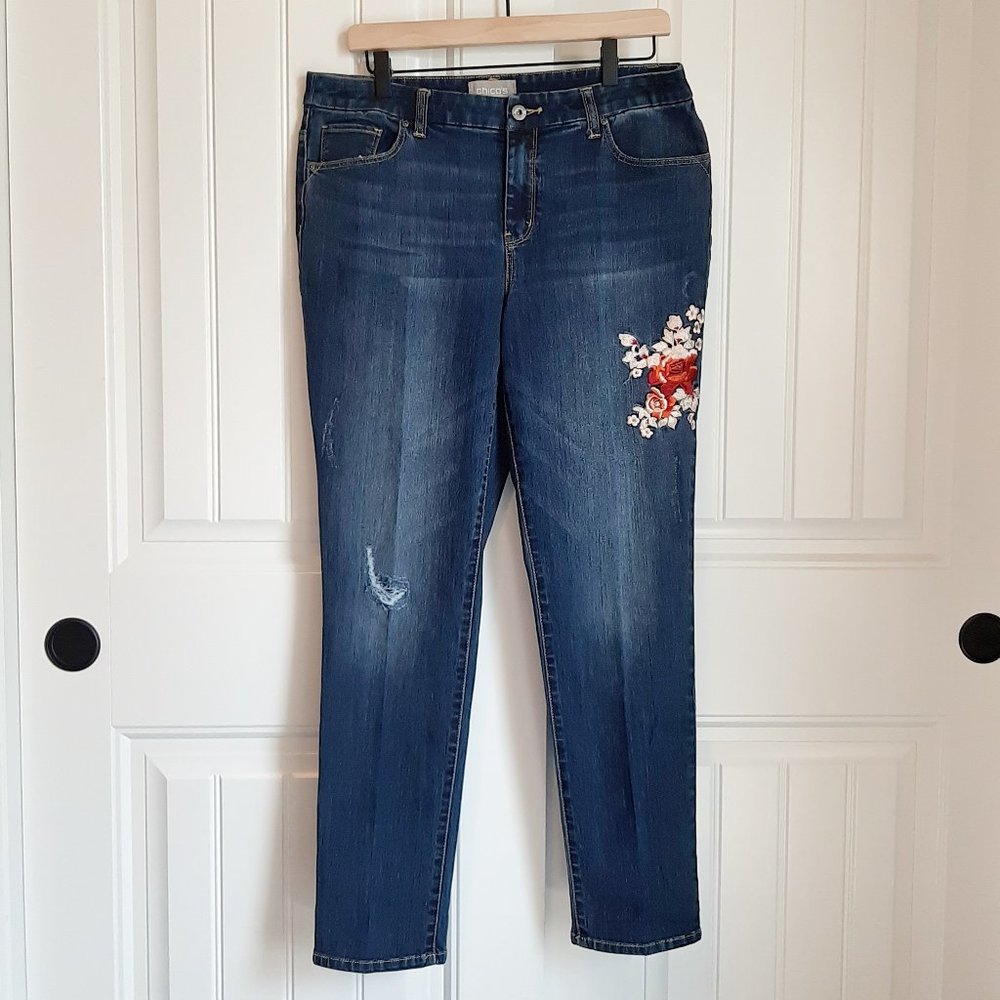 Chico's Dark Wash Floral Embroidered Jeans